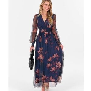 Floral Maxi V Neck Puff Long Sleeve Casual Dress Dark Blue
